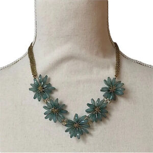 ZAD Blue Green Floral Statement Necklace Gold Tone Beaded Necklace NWT